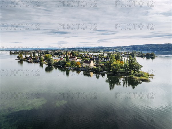 Aerial view of the north-western tip of the island of Reichenau in Lake Constance, with the