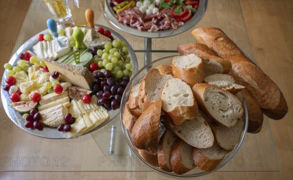 Baguette and a cheese platter for a buffet, Bavaria, Germany, Europe