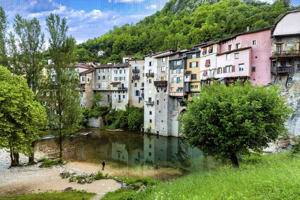 Pont en Royans. Houses hanging above river La Bourne. Isère. Auvergne-Rhone-Alpes. Vercors regional