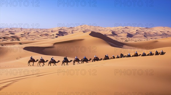 Caravan travelling over dunes in the desert, AI generated