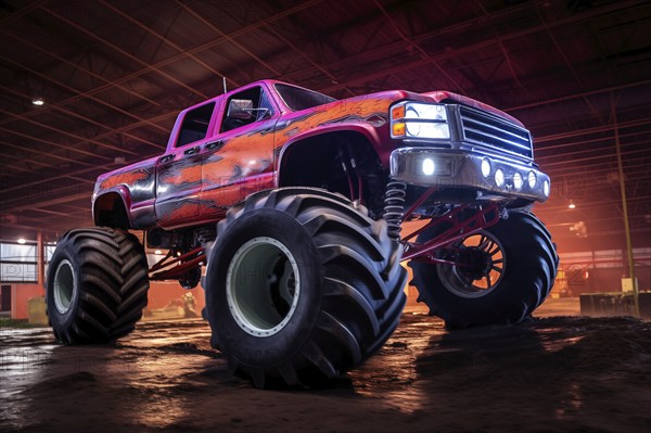 Monster truck illuminated by neon lights, excitement and thrill of an extreme sport and
