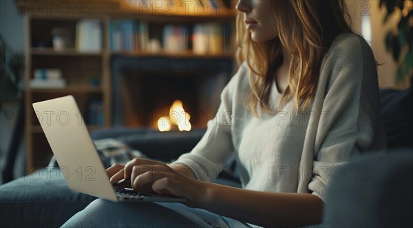 A woman at home with a laptop or tablet browsing internet, paying bills and shopping online, AI