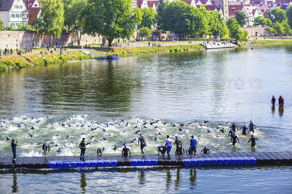 Swim start, triathlon, Danube, Ulm, Swabia, Baden-Württemberg, Germany, Europe