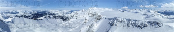 Aerial view, Alpine panorama, Snow-covered glacier plain, Plaine-Morte glacier, Bernese Alps,