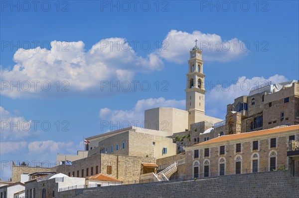 Israel, view of Tel Aviv shore sea shoreline and Namal Yafo historic Old Jaffa port, Asia