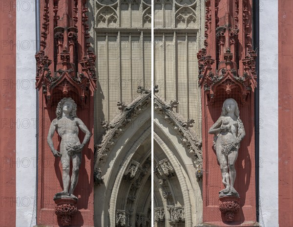 Sculptures of Adam and Eve at the entrance portal of the Gothic St Mary's Chapel, Würzburg, Lower