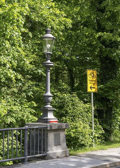 Signpost for cyclists at the Luitpold Bridge, Bad Reichenhall, Bavaria, Germany, Europe