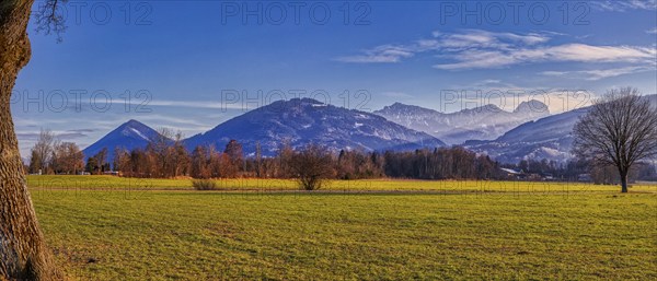 Green fields and trees in front of towering mountains under a clear blue sky, Bad Feilnbach