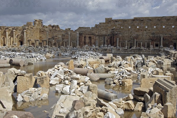 Ancient ruins of Roman forum at Leptis Magna, Lectis Magna, Lepcis Magna in Khoms, Al Khums near