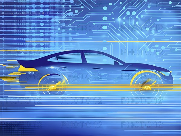 Sport car silhouette with vibrant blue and yellow dynamic lines showing motion, surrounded by data