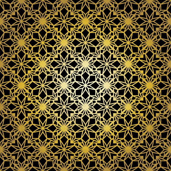 Geometric gold lace seamless pattern. Arabic tile lattice vector background.