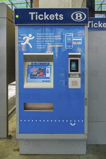 Close-up of automated train ticket vending machine, tvm in NMBS railway station in Flanders,