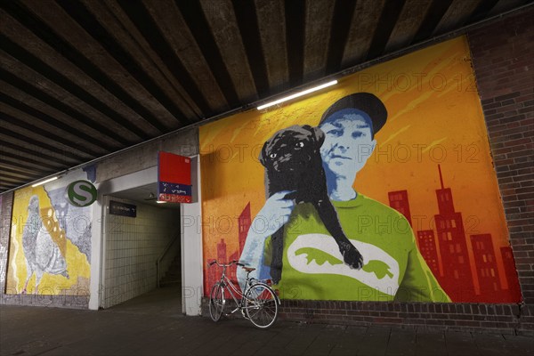 Man with a pug on his shoulder, mural in a subway, urban art in the Oberbilk district, Düsseldorf,