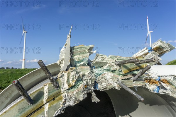 Close-up of a dismantled blade of a 23-year-old wind turbine, it consists of a mix of materials,