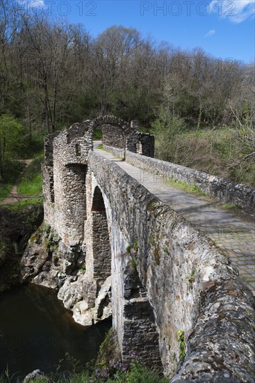 Historische Steinbrücke, die über einen Fluss führt, umgeben von Wald und Ruinenresten unter einem
