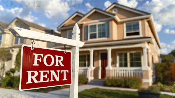 Home for rent real estate sign in front of house. generative AI, AI generated