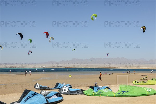 Sailing kitesurfers kite surfers kite surfers on the sea, many kite sails in the blue sky without