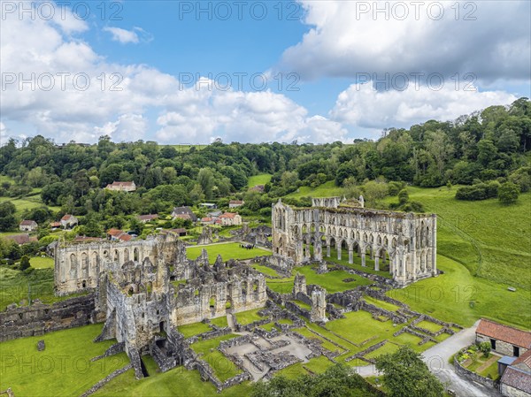 Rievaulx Abbey from a drone, North York Moors National Park, North Yorkshire, England, United