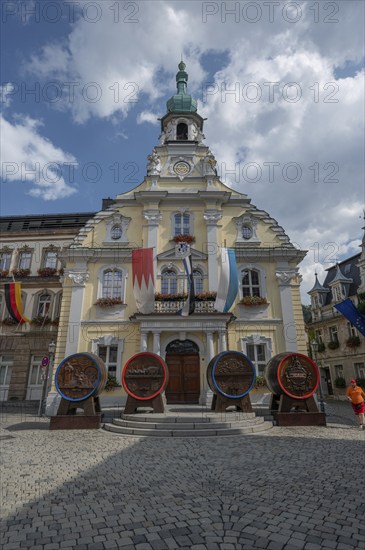 Beer barrels from four breweries in front of the town hall during the Kulmbach Beer Week, Kulmbach,