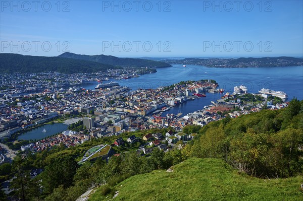 Panoramic view of a coastal town with harbour and a variety of buildings, surrounded by mountains