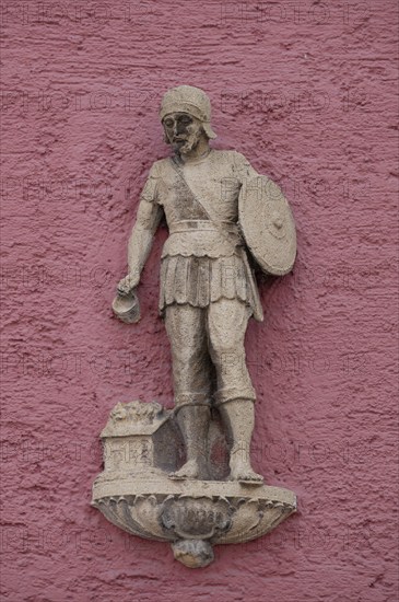 Sculpture of St Florian, patron saint against fire, on a house wall, Villingen-Schwenningen,
