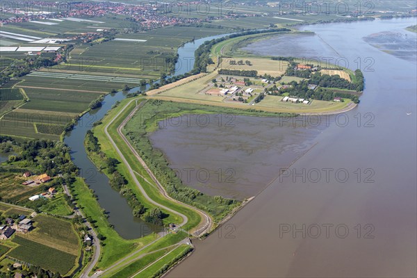 Aerial view, island, Elbe, Elbe island, prison, Hahnöfersand, Borsteler Binnenelbe, Tiede, dyke,