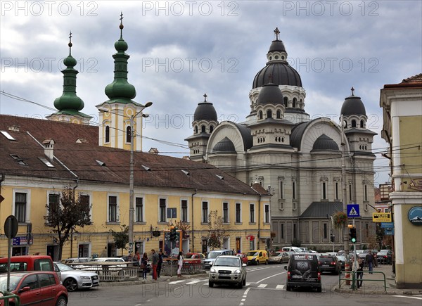 City of Targu Mures, Romania, the Orthodox cathedral and the Catholic church in the city centre,