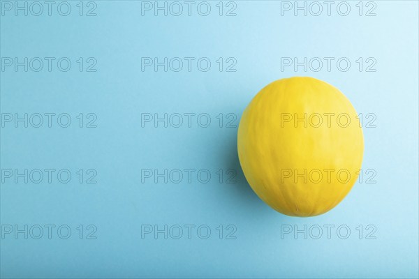 Ripe yellow melon on blue pastel background. Top view, flat lay, copy space. harvest, healthy,