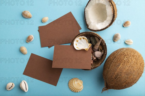 Brown paper business card with coconut and seashells on blue pastel background. Top view, flat lay,