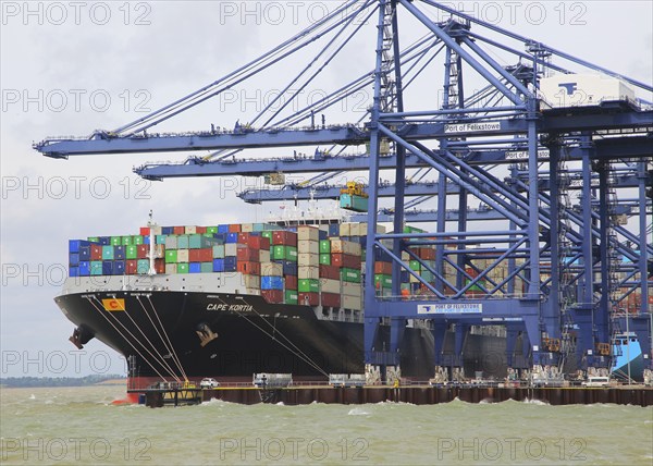 Cape Kortia container ship at quayside, Port of Felixstowe, Suffolk, England, UK