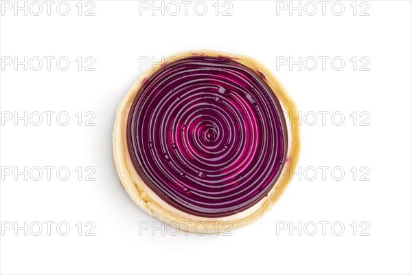 Single sweet tartlet with jelly and milk cream isolated on white background. Top view, close up