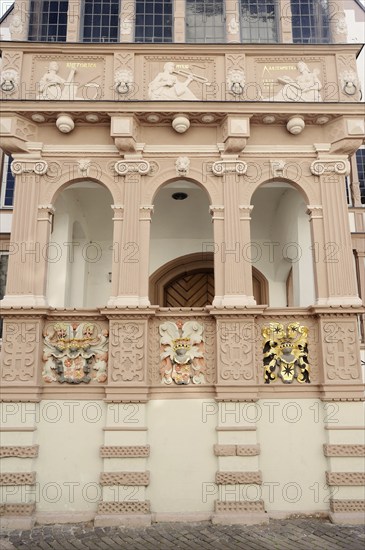Town hall, coat of arms on the façade, Lemgo, North Rhine-Westphalia, Germany, Europe