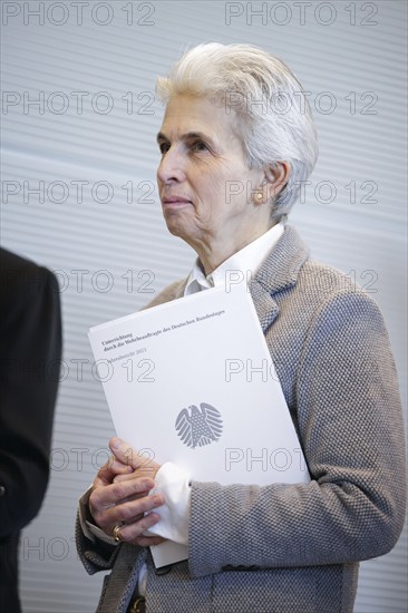 Marie-Agnes Strack Zimmermann, Member of the Bundestag, FDP, holds the 2023 Defence Report in her