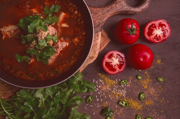 Kharcho soup, traditional Georgian dish, spicy soup, red, homemade, no people