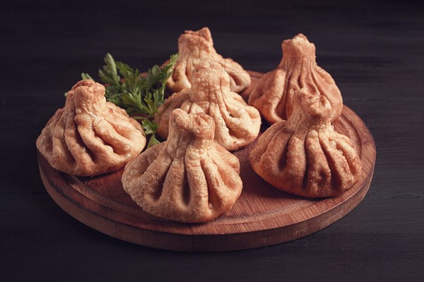 Deep-fried khinkali, khinkali with meat, traditional Georgian dish, no people