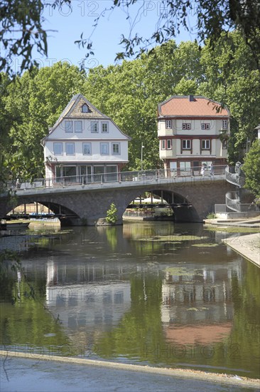 Historic bridge houses on the bridge over the Nahe, river, Bad Kreuznach, Rhineland-Palatinate,