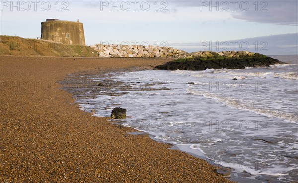 London Clay wave cut platform exposed at low tide on the beach at East Lane, Bawdsey, Suffolk,