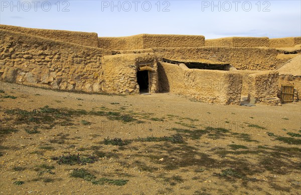 Reconstruction of buildings, Los Millares prehistoric Chalcolithic settlement archaelogical site,