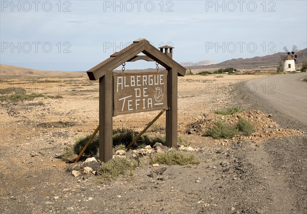 Sign for Albergue de Tefia, Fuerteventura, Canary Islands, Spain, Europe