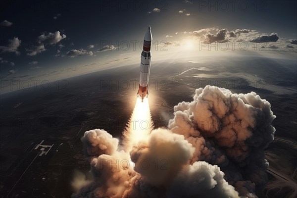 Aerial view of a rocket launch at sunrise sunset over an ocean coast. The rocket is blasting off