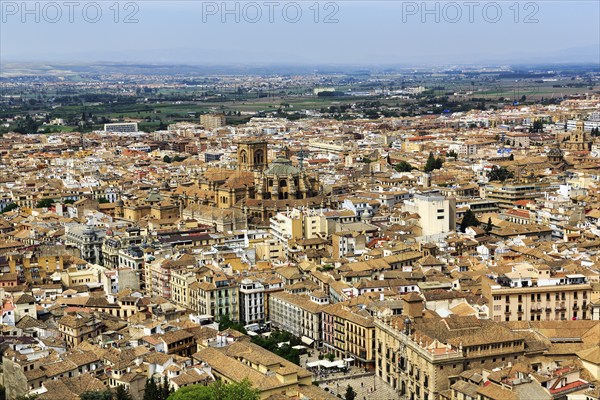 City view with cathedral, sea of houses from above, view from the Alhambra, Granada, Andalusia,