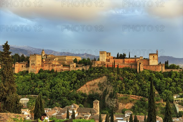 Alhambra on the Sabikah hill at sunset, Moorish city castle, Nasrid palaces, Sierra Nevada with