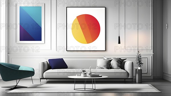 Minimalist rendering showcasing a living room with an abstract picture as symbol for human