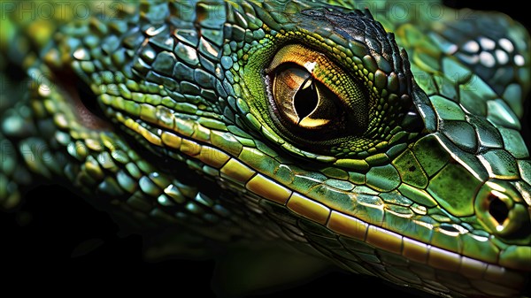 Close up on the wrinkled skin of an emerald lizzard with intricate patterns and vibrant hues, AI