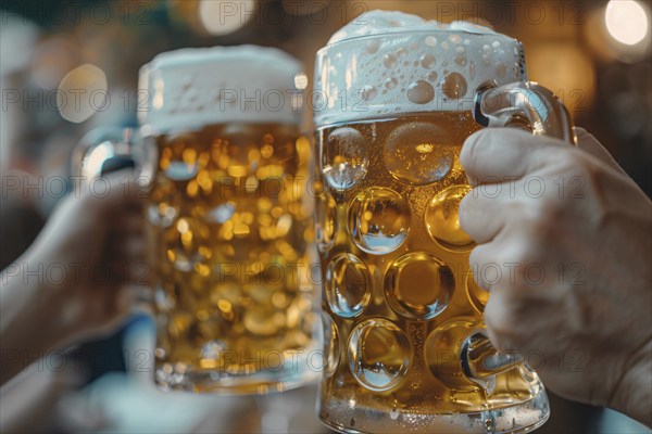 Close up of two large beer mugs clinking. Generative Ai, AI generated