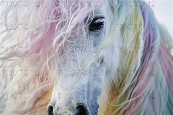 Portrait of white horse with rainbow colored mane. Generative Ai, AI generated
