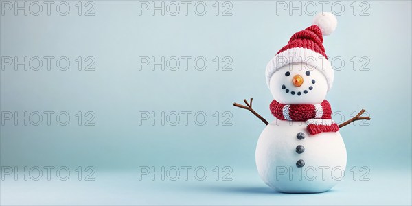 Cute snowman with knitted hatand scarf on blue background with copy space. Generative AI, AI