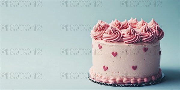 Pink cream cake with hearts on pastel blue background with copy space. Generative Ai, AI generated
