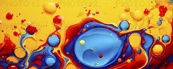 Abstract image with vibrant blue and red blobs and liquid shapes on a yellow background, AI