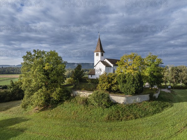 Aerial view of the Romanesque mountain church of St Michael near Büsingen am Hochrhein, district of
